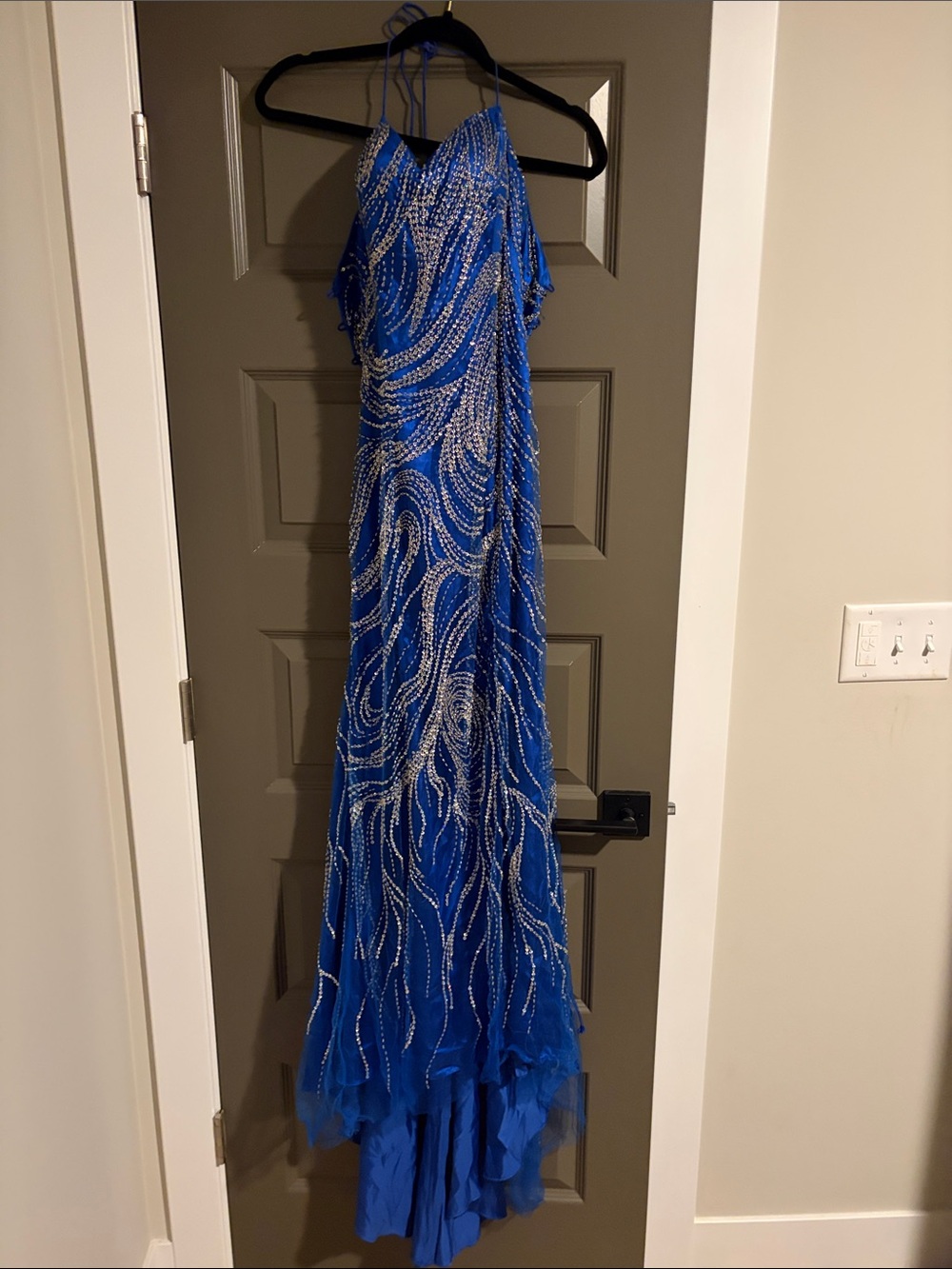 Party Time Formals Royal Blue Beaded Halter Prom Dress